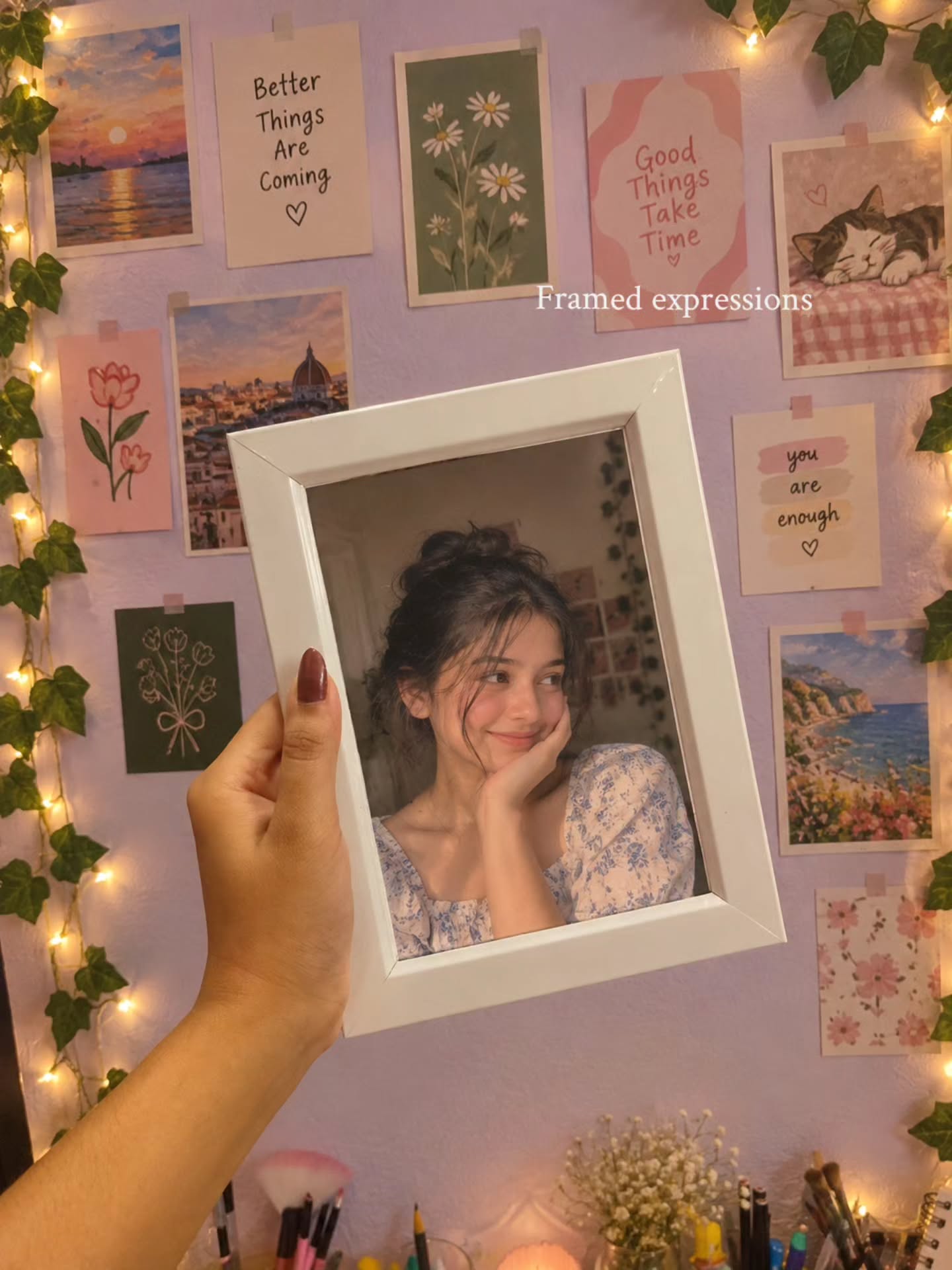 Sunlit photo frame displayed on desk